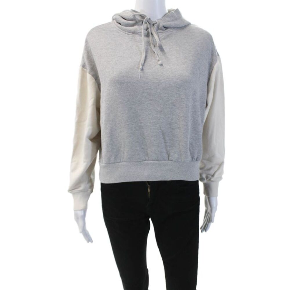 Wesley Womens Long Sleeve Color Block Drawstring Hoodie Gray White Size S
